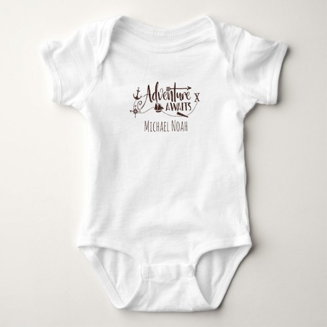 "Adventure Awaits" Nautical Personalised Baby Bodysuit (Front)