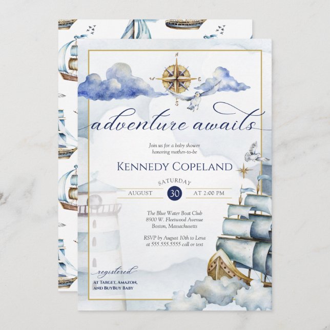 Adventure Awaits Nautical Sailing Ship Baby Shower Invitation (Front/Back)