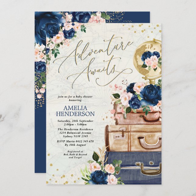 Adventure Awaits Navy Blush Travel Baby Shower Invitation (Front/Back)