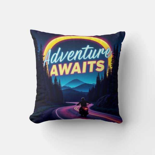 Adventure Awaits Neon Motorcycle Throw Pillow (Front)