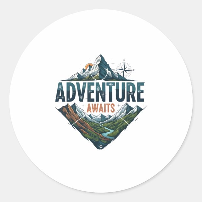 Adventure Awaits Peaks & Valleys Classic Stickers. Classic Round Sticker (Front)