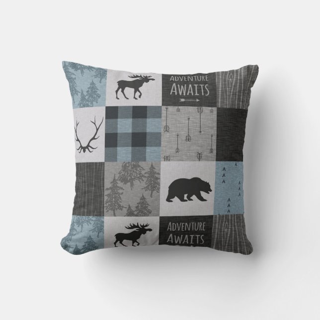 Adventure Awaits Pillow - Blue, Black, grey (Front)