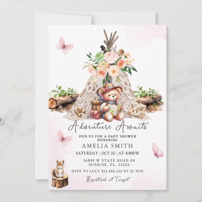 Adventure Awaits Pink Cute Bear Baby Shower  Invitation (Front)