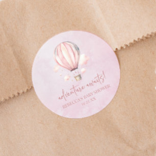 Adventure Awaits! Pink Hot Air Balloon Baby Shower Classic Round Sticker