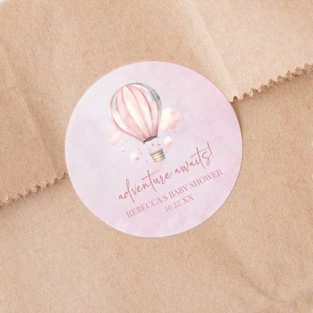 Adventure Awaits! Pink Hot Air Balloon Baby Shower Classic Round Sticker (Creator Uploaded)