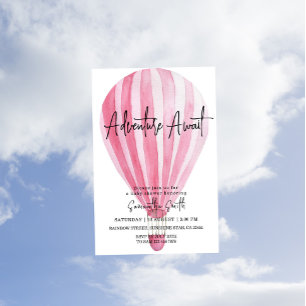 Adventure Awaits Pink Hot Air Balloon Baby Shower Invitation