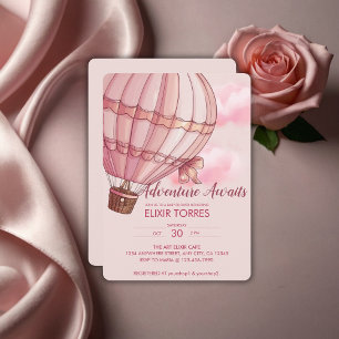 Adventure Awaits Pink Hot Air Balloon Baby Shower Invitation