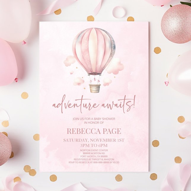 Adventure Awaits! Pink Hot Air Balloon Baby Shower Invitation (Creator Uploaded)