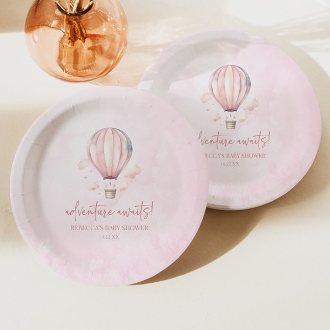 Adventure Awaits! Pink Hot Air Balloon Baby Shower Paper Plate (Creator Uploaded)