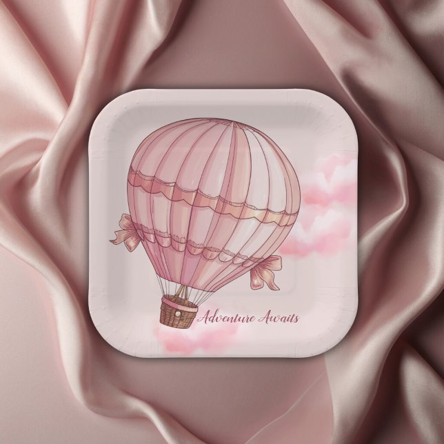 Adventure Awaits Pink Hot Air Balloon Baby Shower Paper Plate (Creator Uploaded)