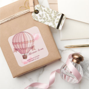 Adventure Awaits Pink Hot Air Balloon Baby Shower Square Sticker