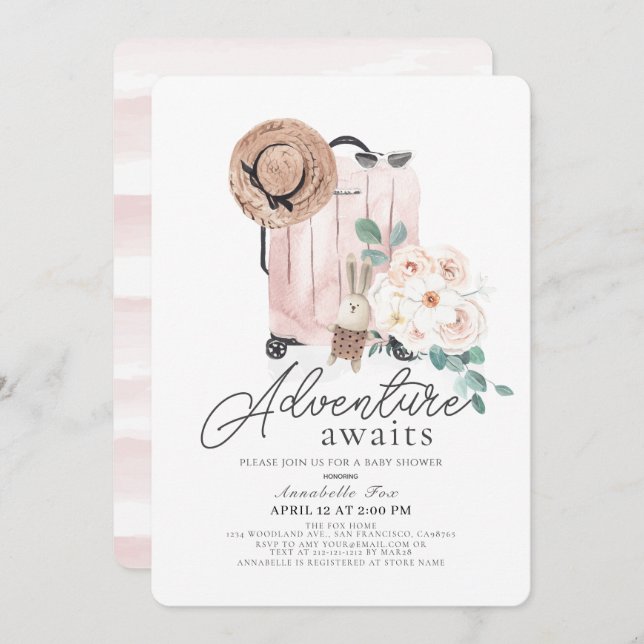 Adventure Awaits Pink Suitcase Girl Baby Shower Invitation (Front/Back)