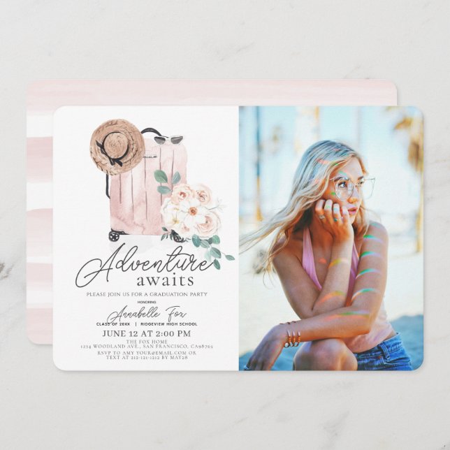 Adventure Awaits Pink Suitcase Graduation Photo Invitation (Front/Back)