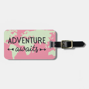 Adventure Awaits Pink World Map Luggage Tag
