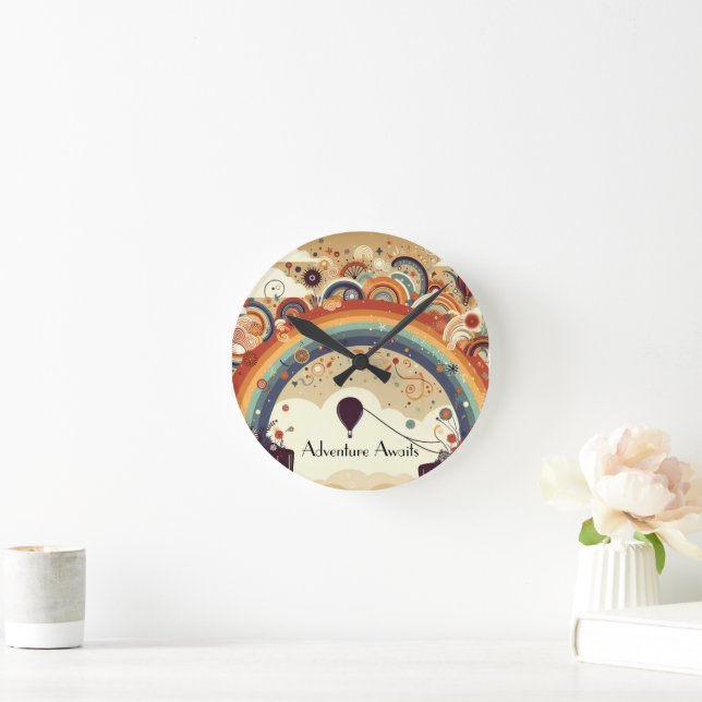 Adventure Awaits Rainbow and Hot Air Balloons Round Clock (Home)