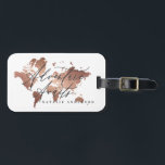 Adventure awaits rose gold watercolor world map luggage tag<br><div class="desc">Adventure awaits metallic effect rose gold world map luggage tags. Script text and beautiful classic copper or rose gold illustrations. Ideal newly wed honeymoon or graduation gifts.</div>
