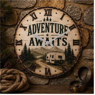Adventure Awaits Rustic Camper Camping Mountain Large Clock
