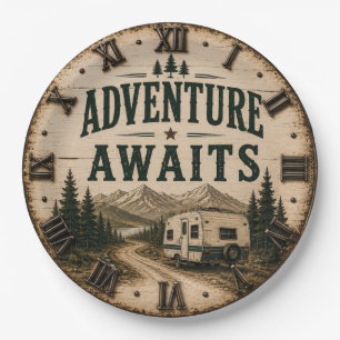 Adventure Awaits Rustic Camper Camping Mountain Paper Plate