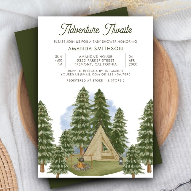 Adventure Awaits Rustic Forest Camping Baby Shower Invitation (Creator Uploaded)