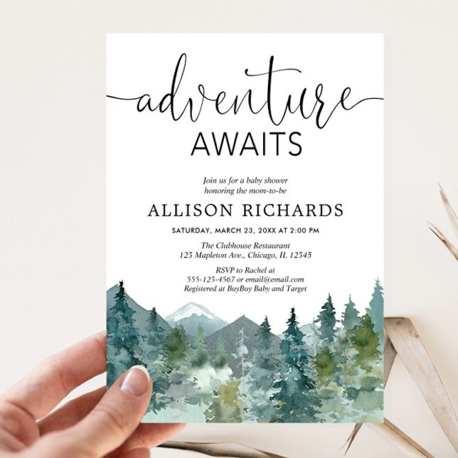 Adventure awaits rustic mountains baby shower invitation (Creator Uploaded)