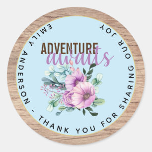 Adventure Awaits Rustic Purple Flowers Baby Shower Classic Round Sticker