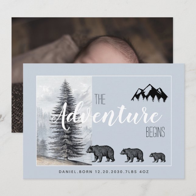 Adventure Awaits Rustic Woodland Bears Birth Announcement (Front/Back)