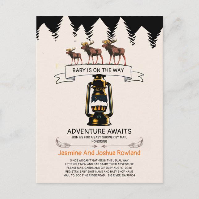Adventure Awaits Rustic Woodland Moose Invitation Postcard (Front)
