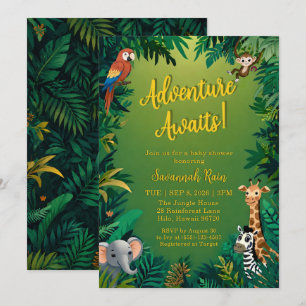 Adventure Awaits Safari Jungle Animal Baby Shower Invitation