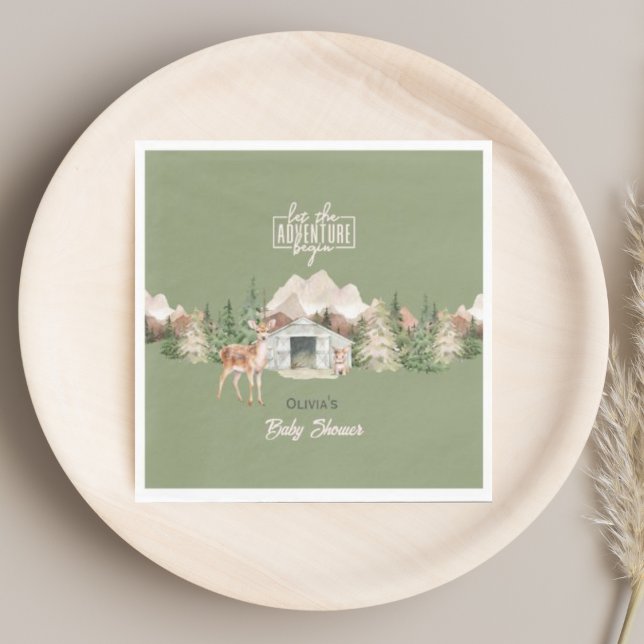 Adventure Awaits Sage Green Mountain Baby Shower Napkin (Creator Uploaded)