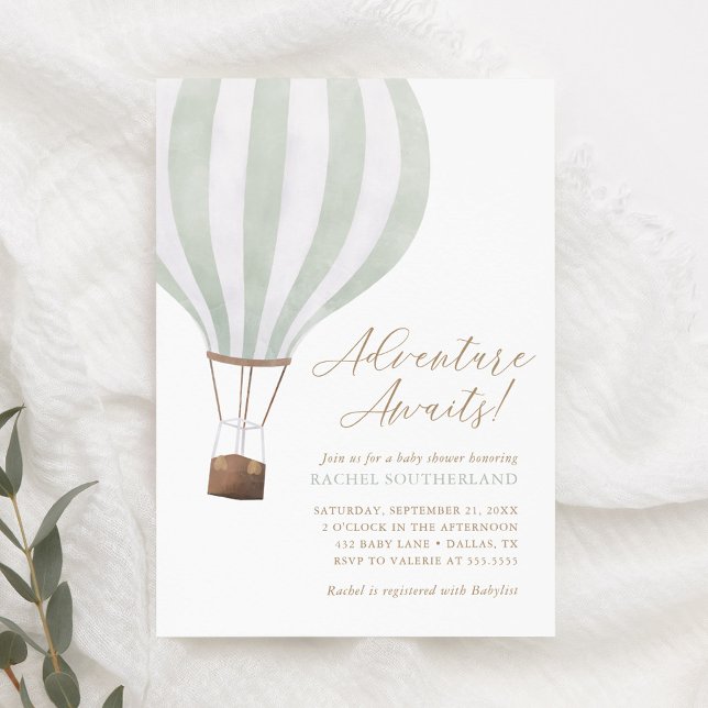 Adventure Awaits Sage Hot Air Balloon Baby Shower  Invitation (Creator Uploaded)