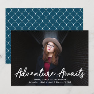 Adventure Awaits Script Navy Blue Photo Graduation Announcement