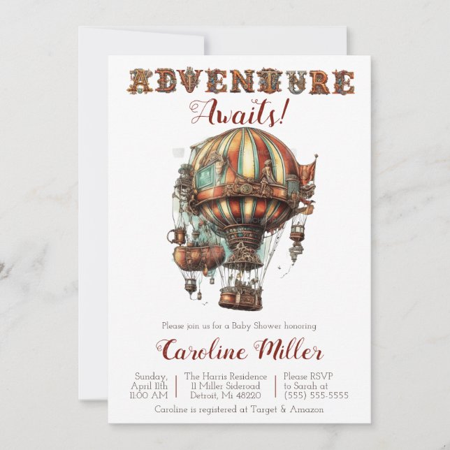 Adventure Awaits! Steampunk Hot Air Balloon Shower Invitation (Front)