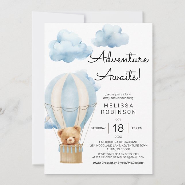 Adventure awaits teddy bear baby boy shower invitation (Front)