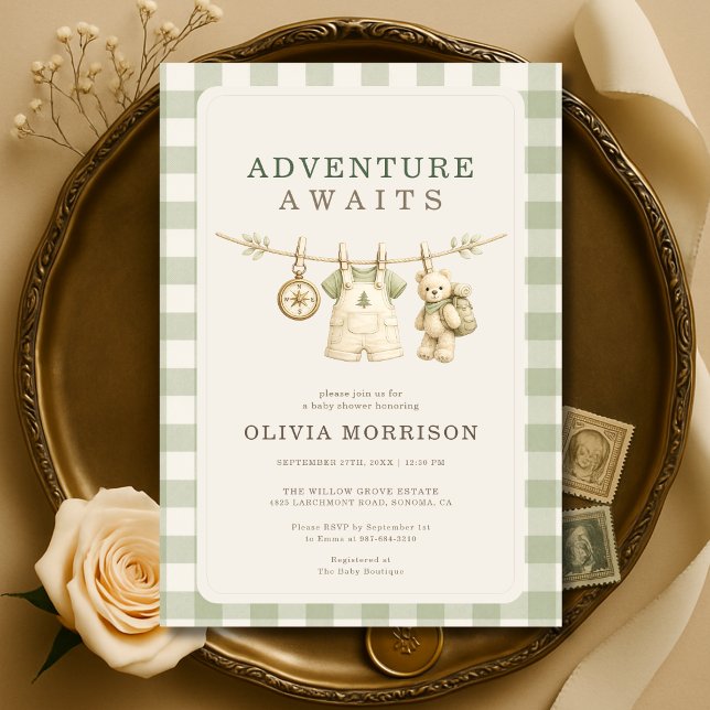 Adventure Awaits Teddy Bear Gingham Baby Shower Invitation (Creator Uploaded)