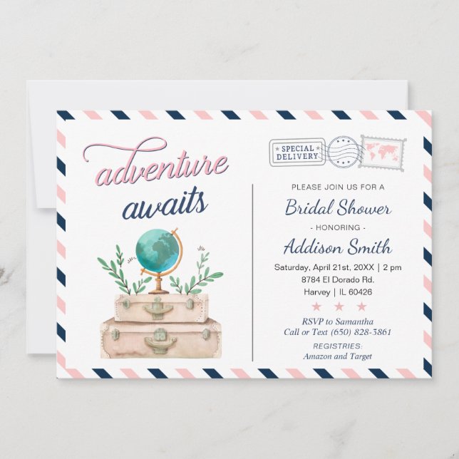 Adventure Awaits Travel Briadl Shower Navy Pink Invitation (Front)