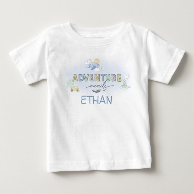 Adventure Awaits Travel Car Plane Boat Personalise Baby T-Shirt (Front)