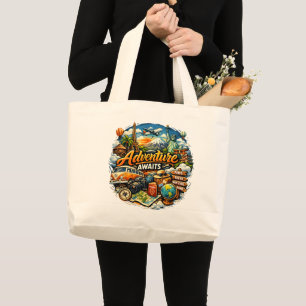 Adventure Awaits Travel Collage Vintage Vacation Large Tote Bag