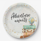 Adventure Awaits Travel Gold Confetti Baby Shower Paper Plate (Front)