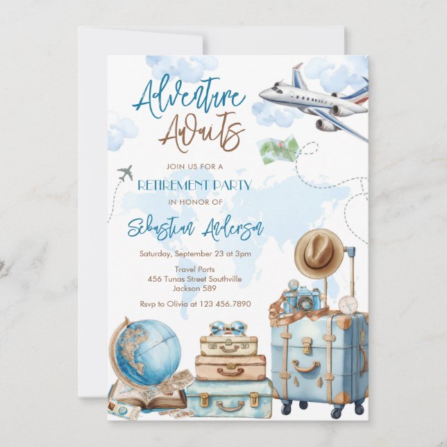 Adventure Awaits Travel Retirement Invitation (Front)