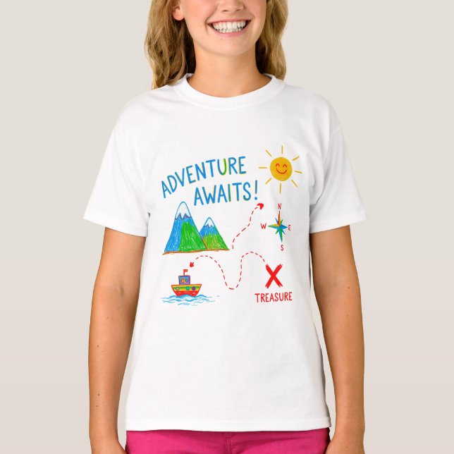 Adventure Awaits Treasure Map Kids Drawing T-Shirt (Front)