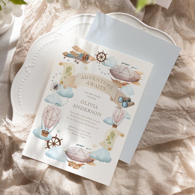 Adventure Awaits Vintage Balloon Baby Shower  Invitation (Creator Uploaded)