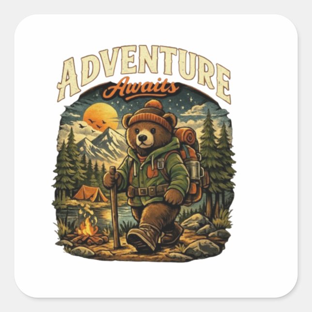 Adventure Awaits Vintage Bear Hiking Sticker (Front)