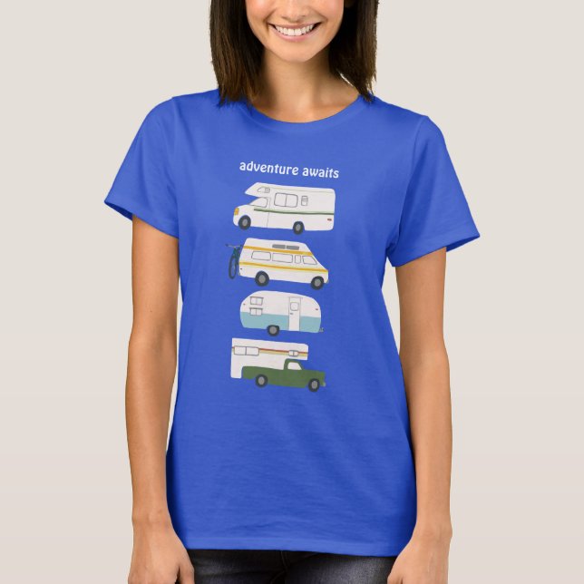 Adventure awaits! Vintage campervan vanlife RV T-Shirt (Front)