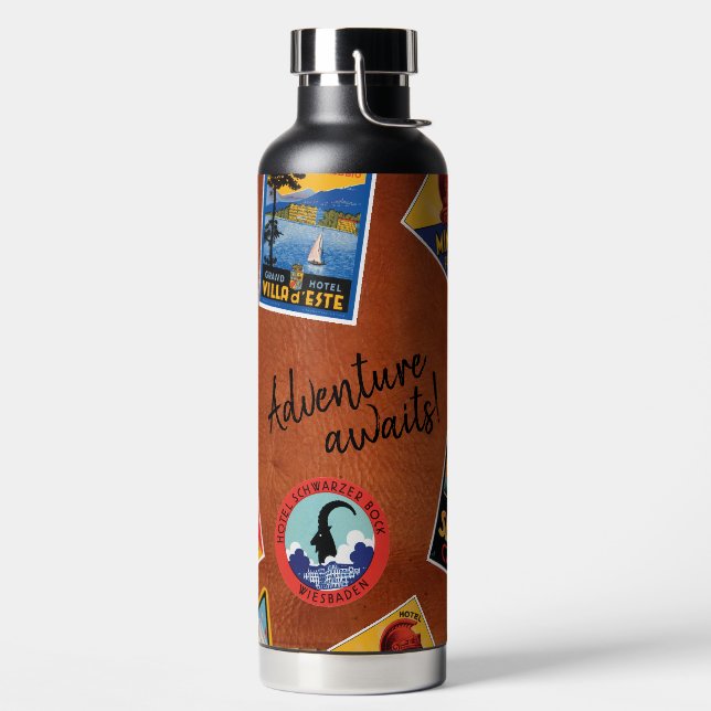 Adventure Awaits Vintage Travel Label Water Bottle (Left)