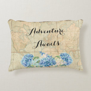 Adventure Awaits Vintage World Map Blue Hydrangeas Decorative Cushion