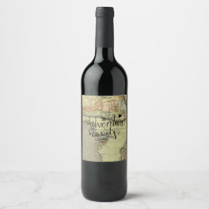 Adventure Awaits Vintage World Map Wine Label