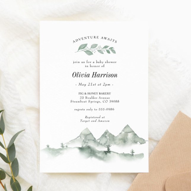 Adventure Awaits Watercolor Mountain Baby Shower Invitation (Creator Uploaded)