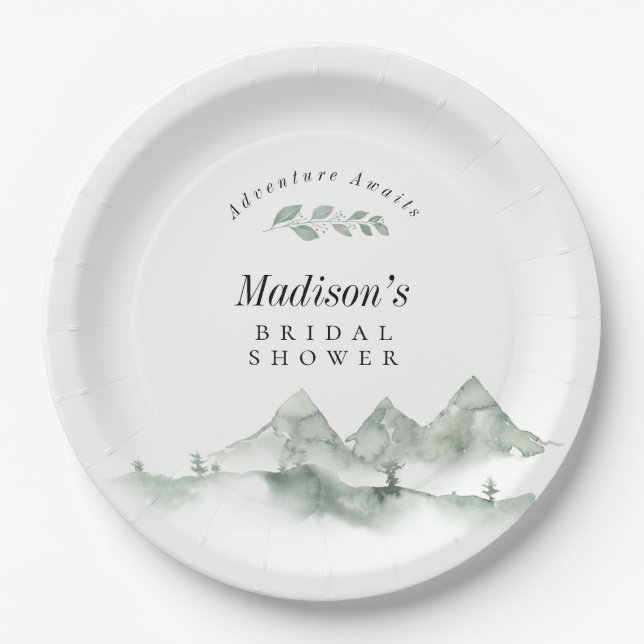 Adventure Awaits Watercolor Mountain Bridal Shower Paper Plate (Front)