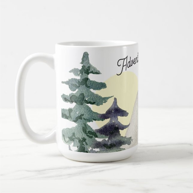 Adventure Awaits!  Watercolor Mountain Sunset Coffee Mug (Left)