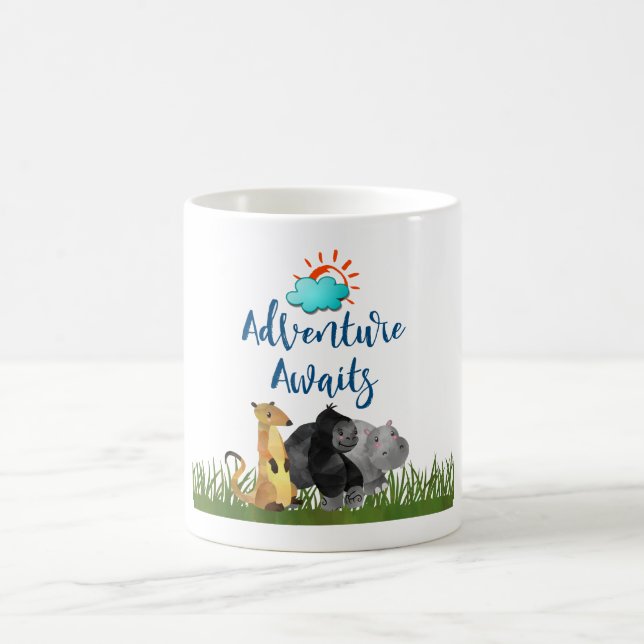 Adventure Awaits Watercolor Safari Jungle Animals Coffee Mug (Center)
